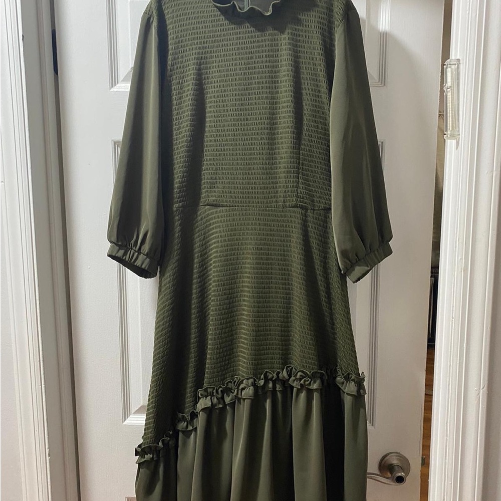 Green Ruffled Smocked Dress with Bishop Sleeves